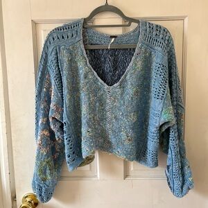 Free People Patchwork Blue Cropped Sweater